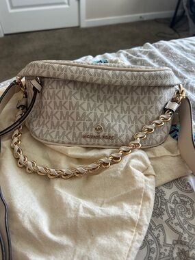 Michael Kors Cream MK Logo Slater Sling Bag with Gold Chain Detail